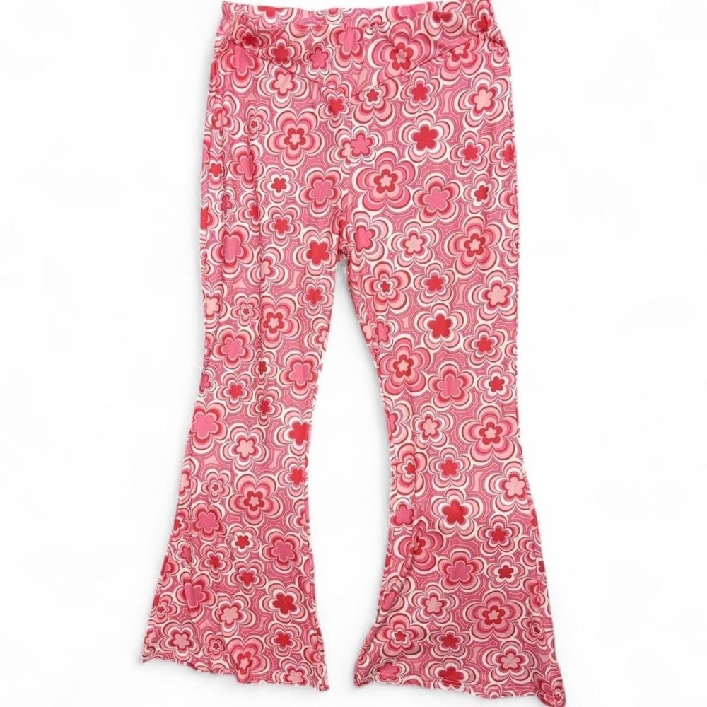 Floral Flare Leggings Womens XL Pink Jersey Elastic Waist Retro Hippie Bloomcore